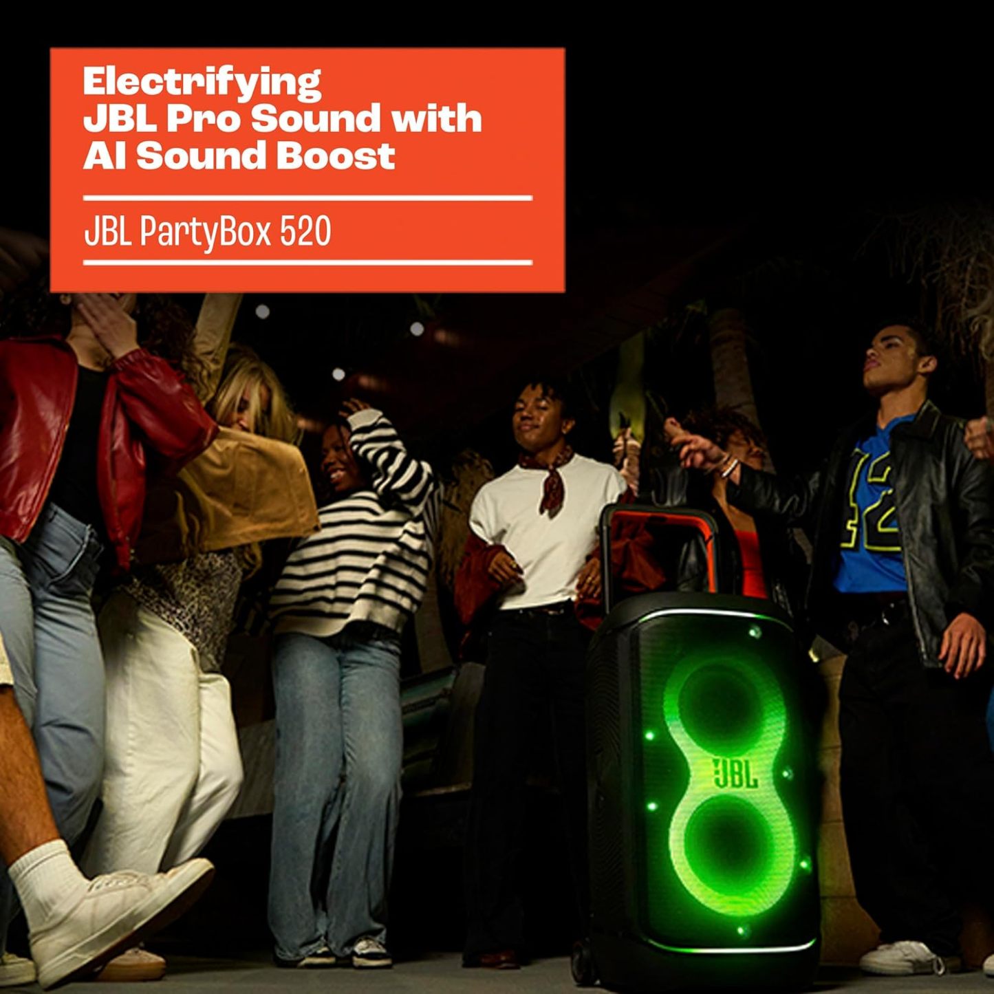 ParthttyBox 520 - Portable Battery-Powered Party Speaker with AI Sound Boost, Up to 15 Hours of Play time, IPX4 Splash Proof, Multi-Speaker Connection by Auracast, and Telescopic Handle (Black)