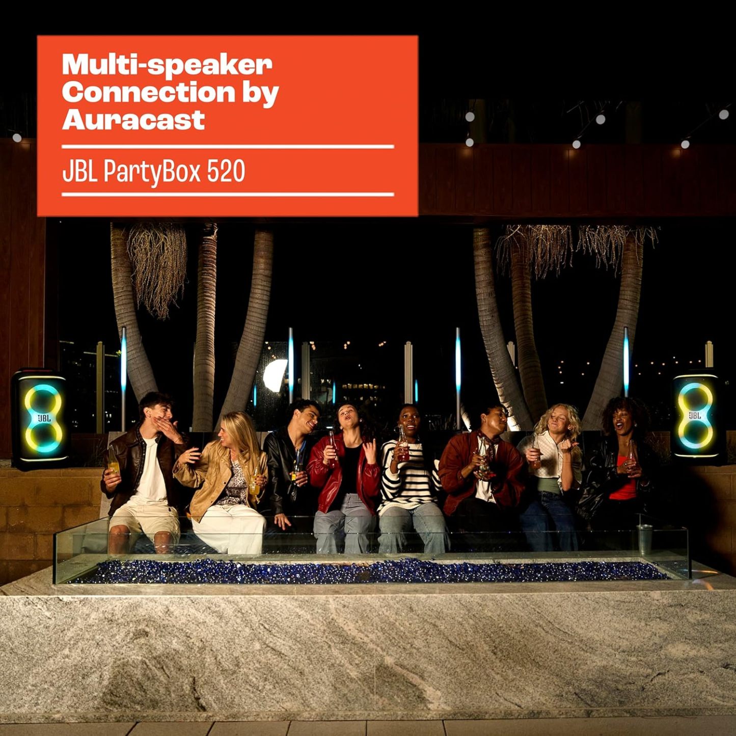 ParthttyBox 520 - Portable Battery-Powered Party Speaker with AI Sound Boost, Up to 15 Hours of Play time, IPX4 Splash Proof, Multi-Speaker Connection by Auracast, and Telescopic Handle (Black)