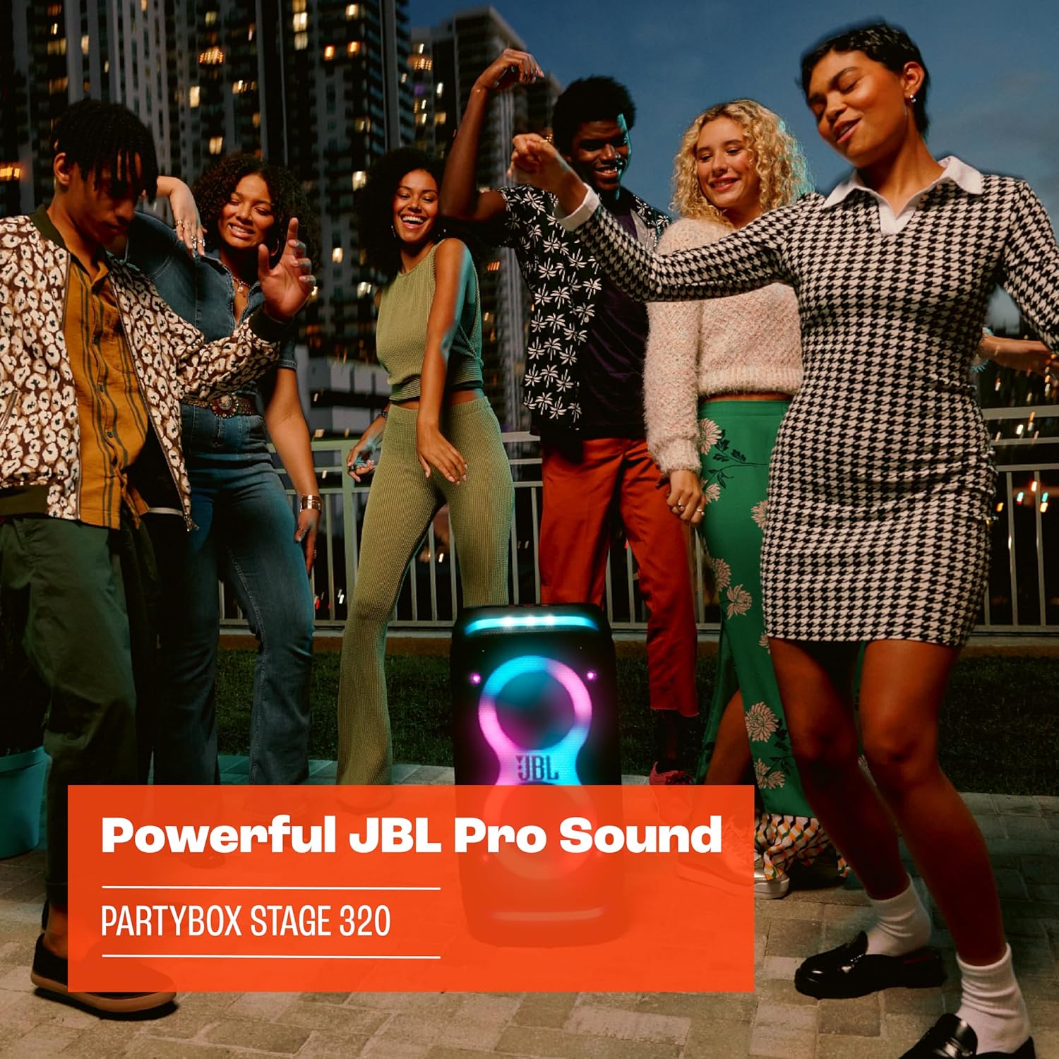 PartyBox Stage 320 - Portable Party Speaker with Telescopic Handle & Wide, Sturdy Wheels, Powerful Pro Sound, Futuristic lightshow, Up to 18 Hours of Play time, Splash Proof (White)