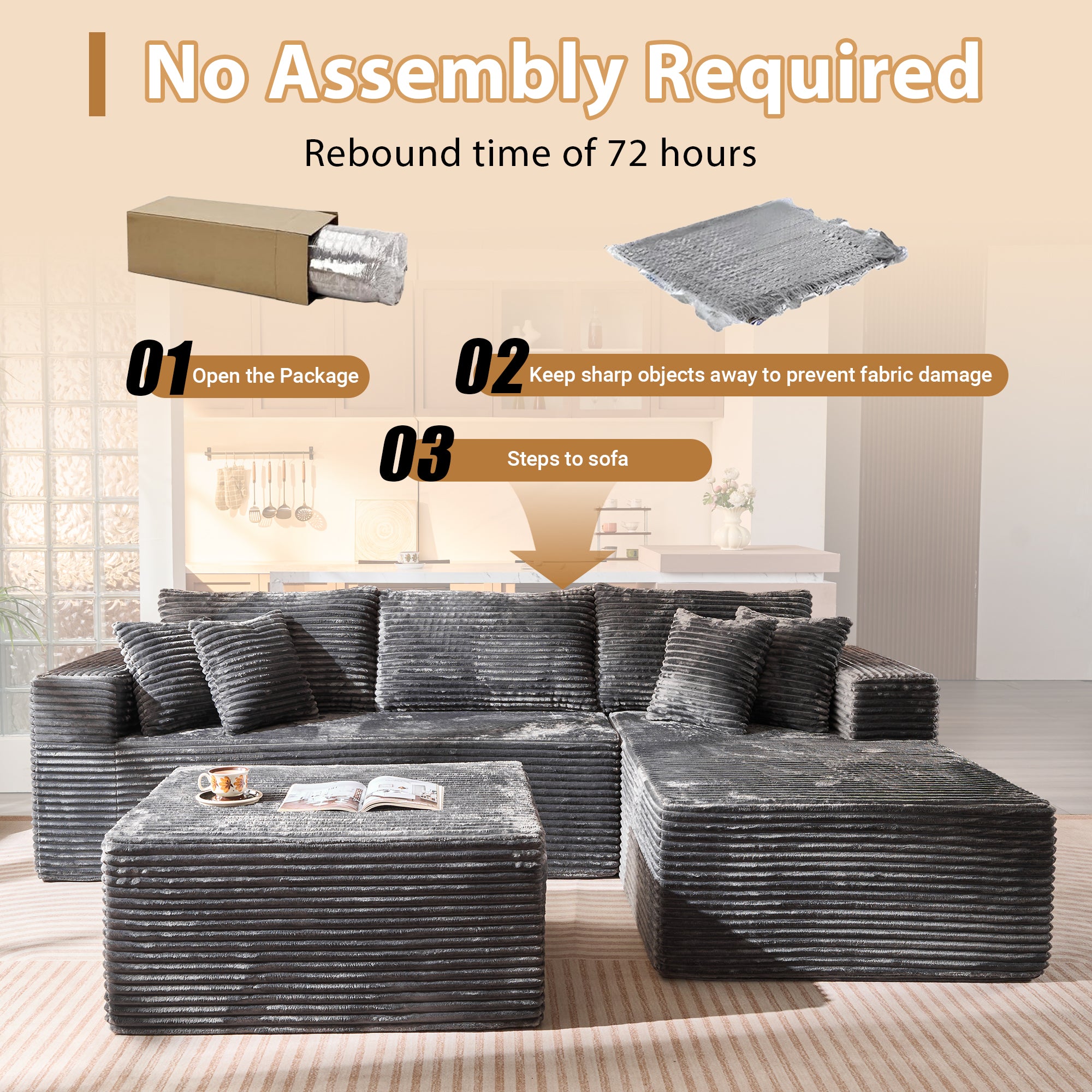 OVthtIOS 108" U-Shape Modular Couch with Ottoman, Plush Corduroy Fabric, No Assembly Required