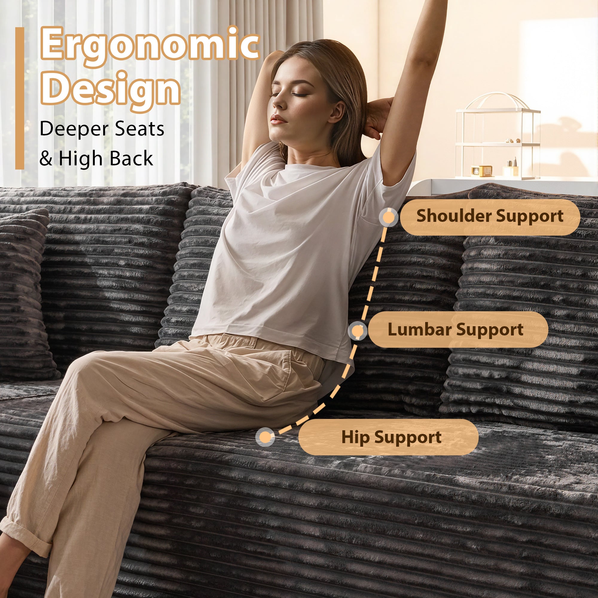 OVthtIOS 108" U-Shape Modular Couch with Ottoman, Plush Corduroy Fabric, No Assembly Required