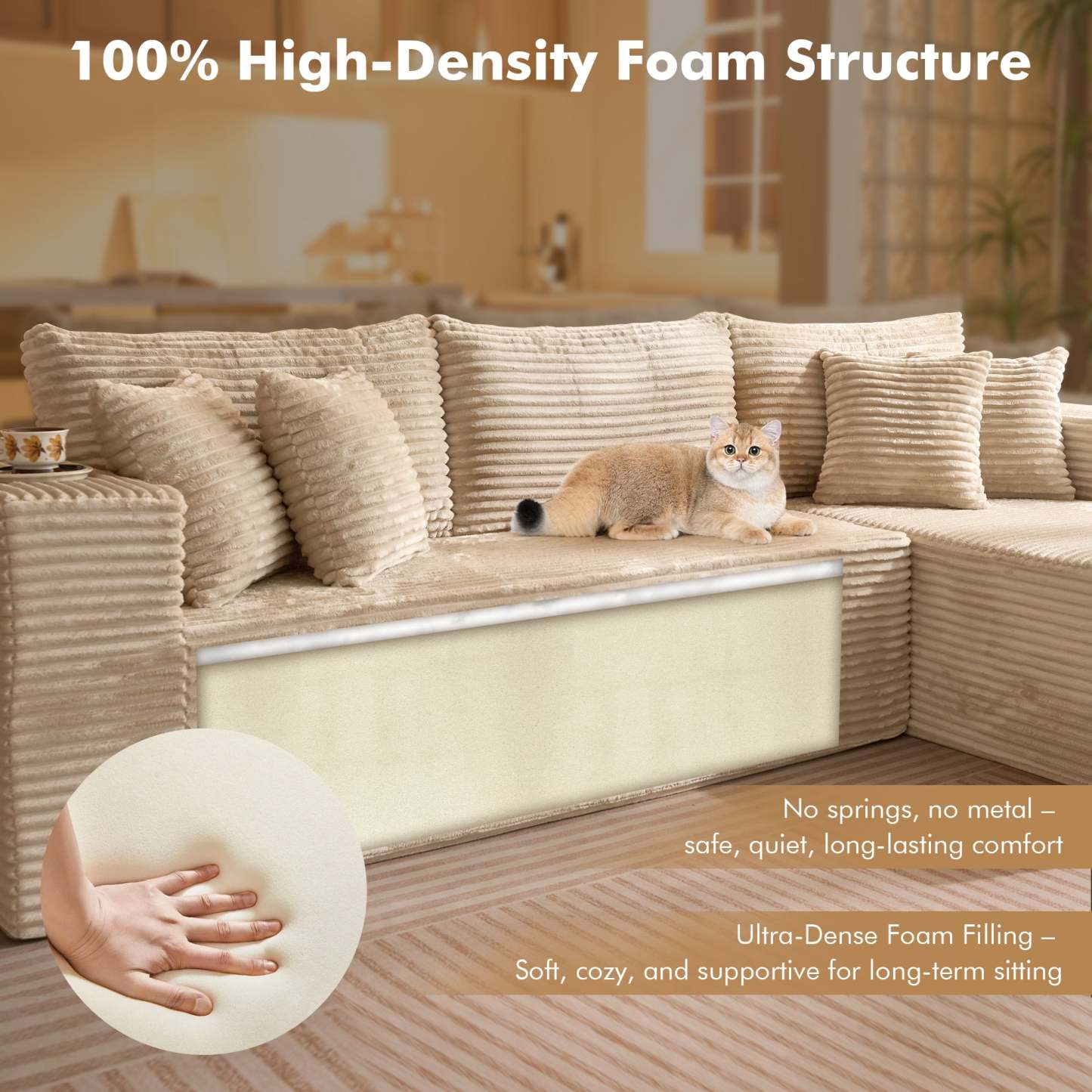 OVthtIOS 104" L-Shape Modular Couch with Chaise, Plush Corduroy Fabric, No Assembly Required