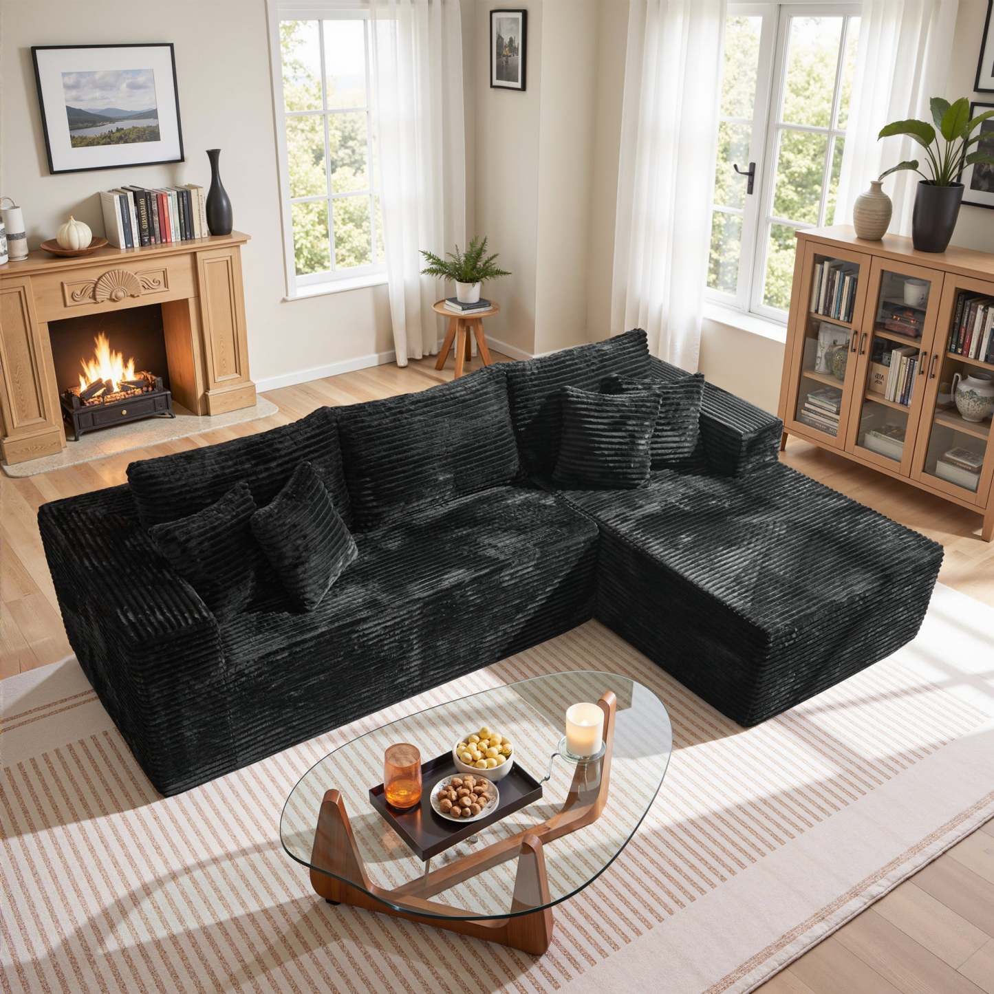 OVthtIOS 104" L-Shape Modular Couch with Chaise, Plush Corduroy Fabric, No Assembly Required