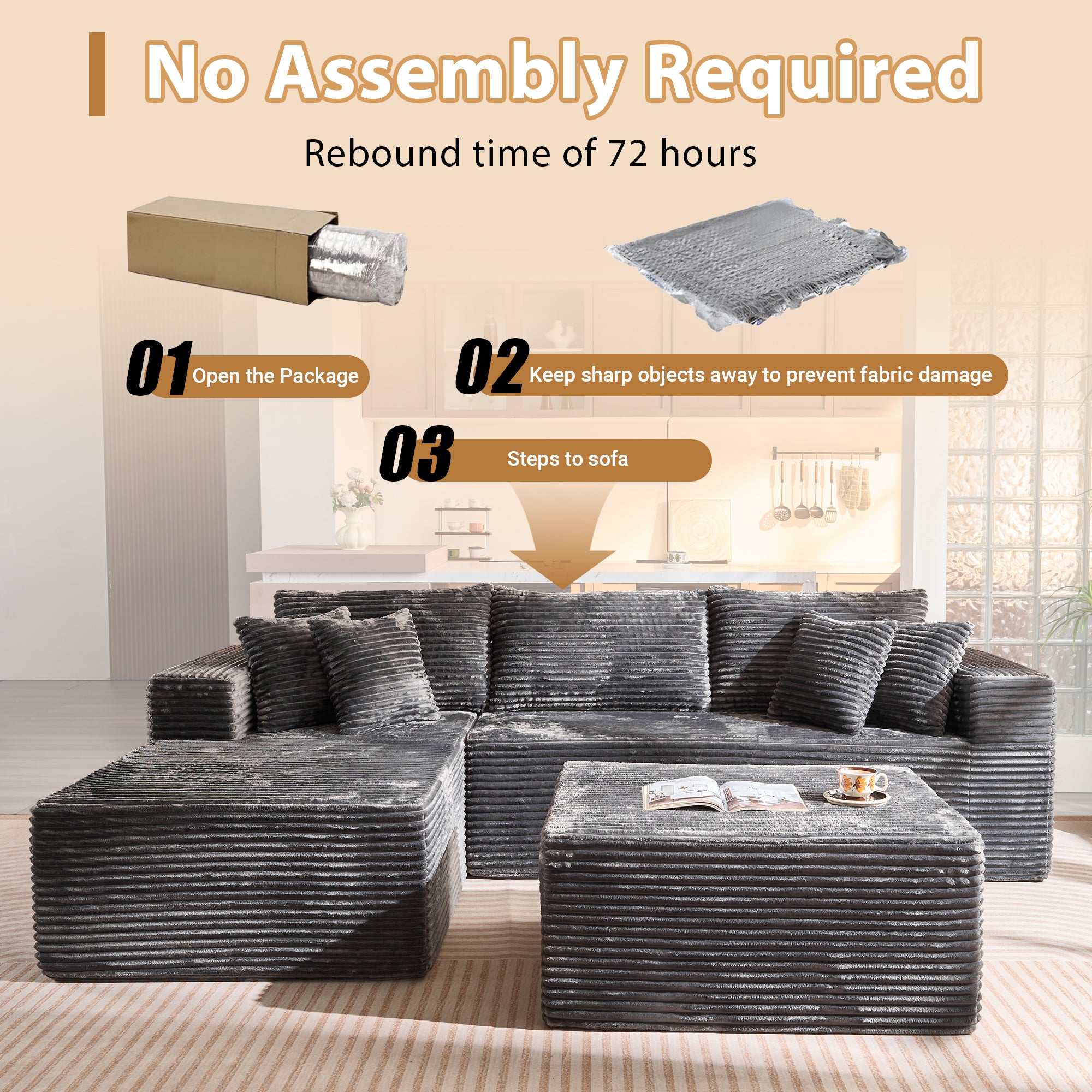 OVthtIOS 108" U-Shape Modular Couch with Ottoman, Plush Corduroy Fabric, No Assembly Required