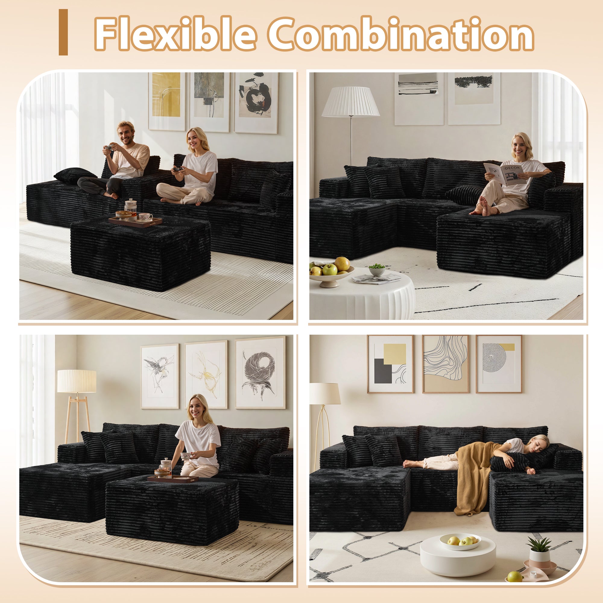 OVthtIOS 108" U-Shape Modular Couch with Ottoman, Plush Corduroy Fabric, No Assembly Required