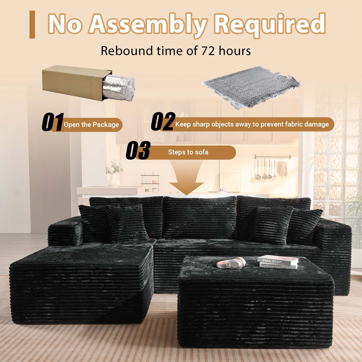 OVthtIOS 108" U-Shape Modular Couch with Ottoman, Plush Corduroy Fabric, No Assembly Required