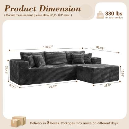 OVthtIOS 104" L-Shape Modular Couch with Chaise, Plush Corduroy Fabric, No Assembly Required