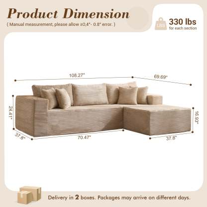 OVthtIOS 104" L-Shape Modular Couch with Chaise, Plush Corduroy Fabric, No Assembly Required