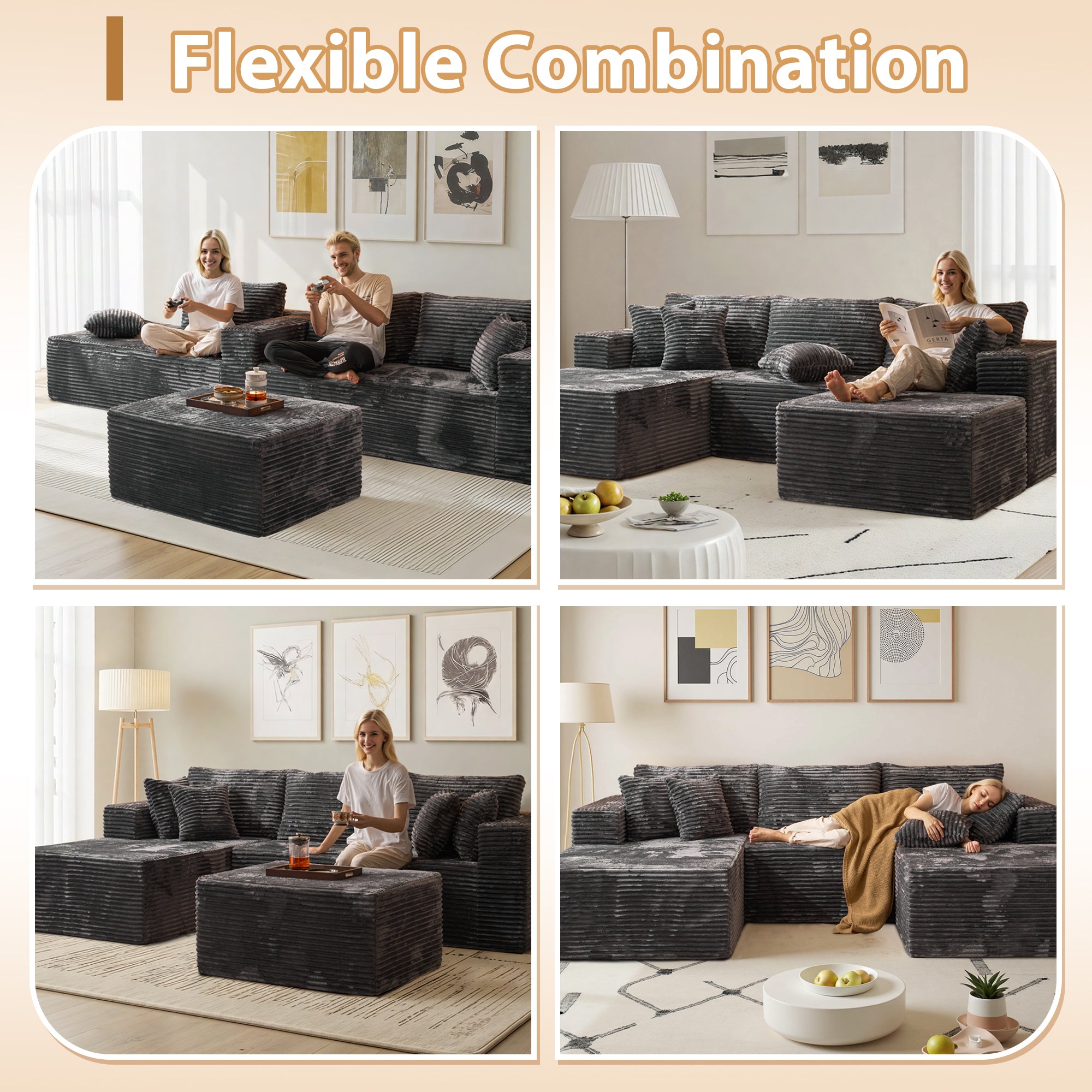 OVthtIOS 108" U-Shape Modular Couch with Ottoman, Plush Corduroy Fabric, No Assembly Required