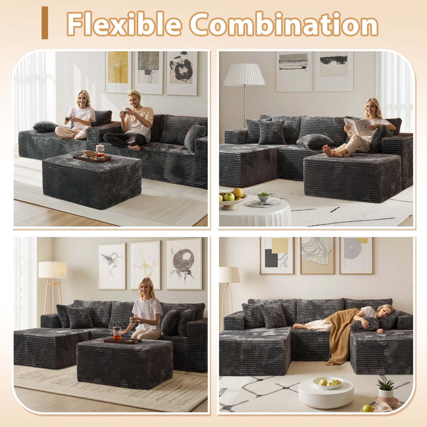 OVthtIOS 108" U-Shape Modular Couch with Ottoman, Plush Corduroy Fabric, No Assembly Required