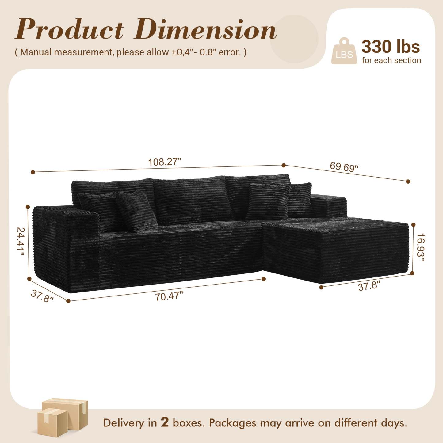 OVthtIOS 104" L-Shape Modular Couch with Chaise, Plush Corduroy Fabric, No Assembly Required