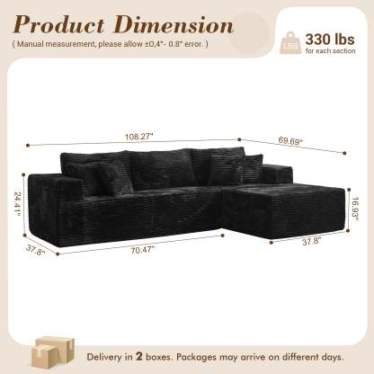 OVthtIOS 104" L-Shape Modular Couch with Chaise, Plush Corduroy Fabric, No Assembly Required