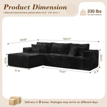 OVthtIOS 104" L-Shape Modular Couch with Chaise, Plush Corduroy Fabric, No Assembly Required