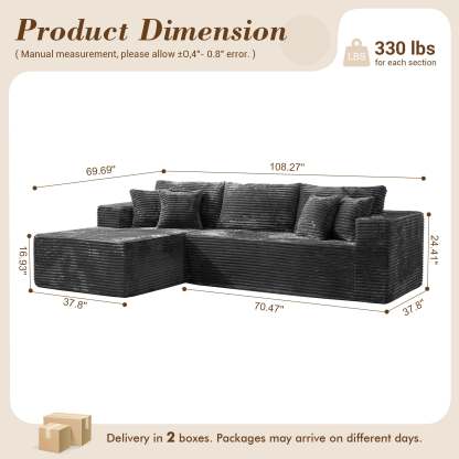 OVthtIOS 104" L-Shape Modular Couch with Chaise, Plush Corduroy Fabric, No Assembly Required