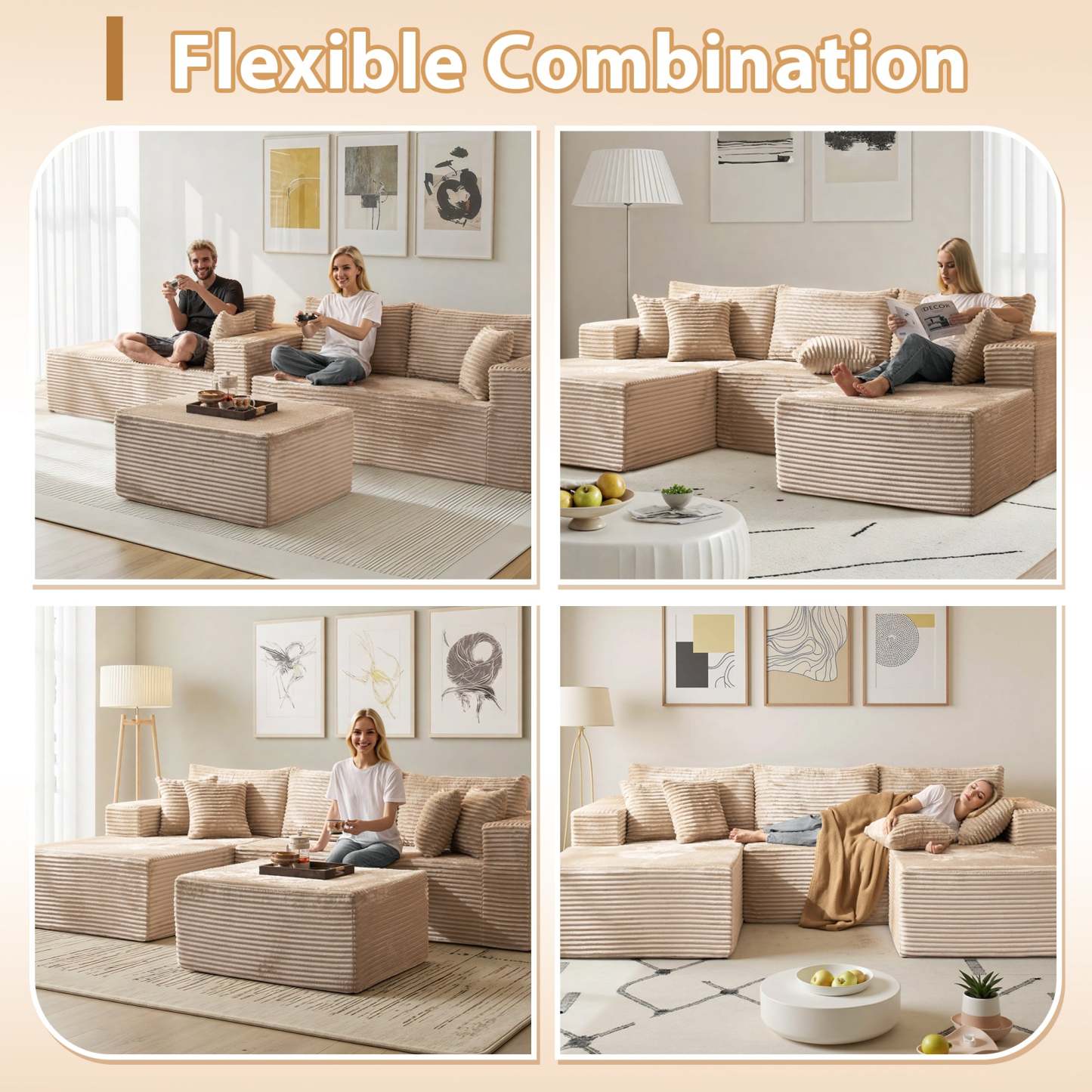 OVthtIOS 108" U-Shape Modular Couch with Ottoman, Plush Corduroy Fabric, No Assembly Required