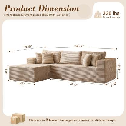 OVthtIOS 104" L-Shape Modular Couch with Chaise, Plush Corduroy Fabric, No Assembly Required