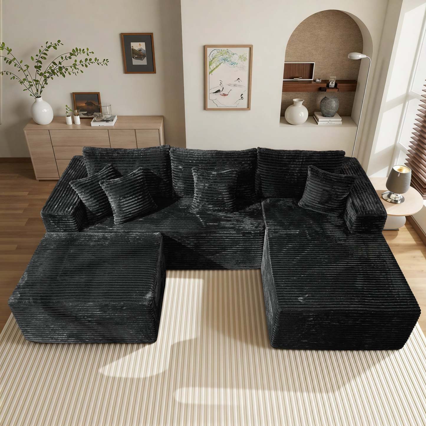 OVthtIOS 108" U-Shape Modular Couch with Ottoman, Plush Corduroy Fabric, No Assembly Required