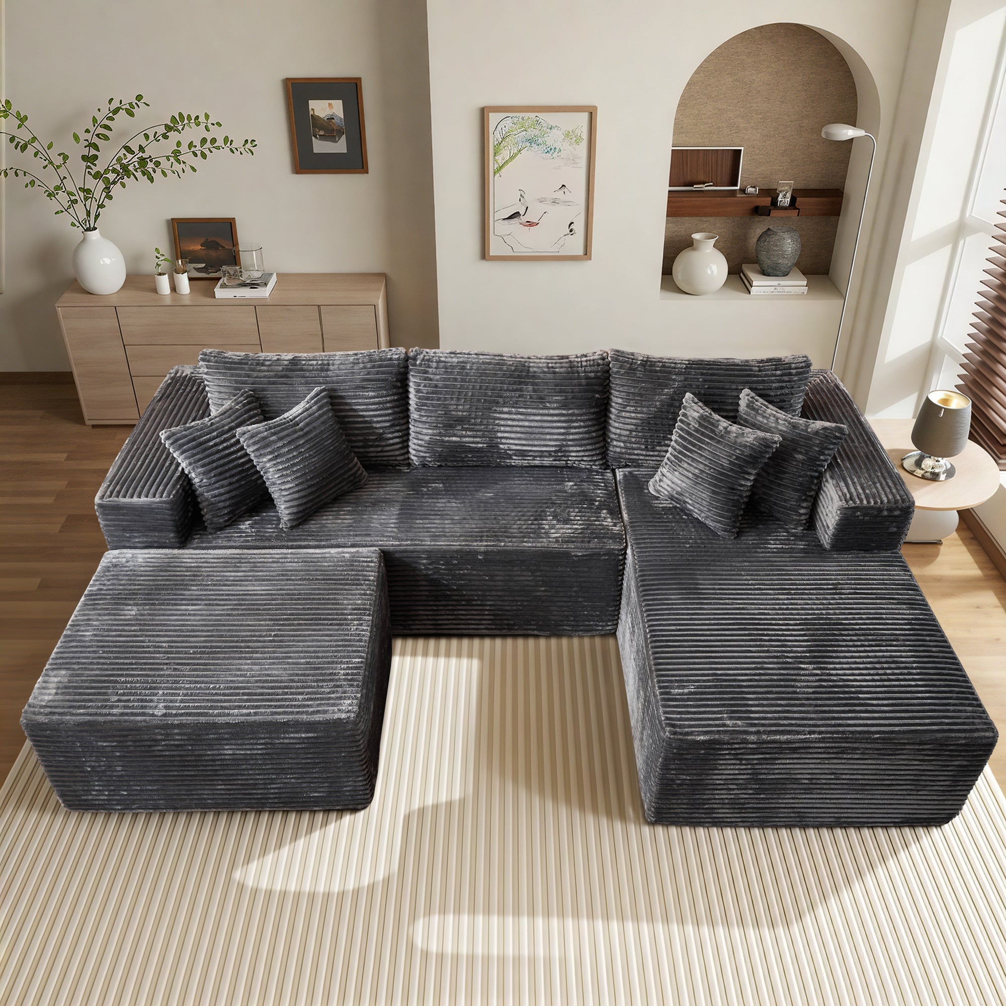 OVthtIOS 108" U-Shape Modular Couch with Ottoman, Plush Corduroy Fabric, No Assembly Required