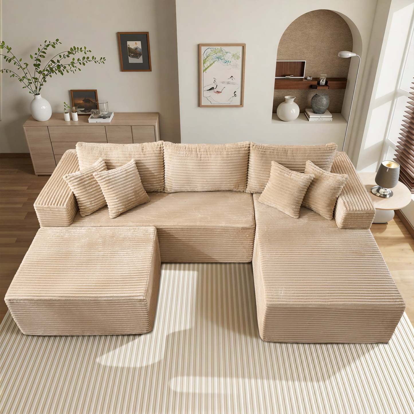 OVthtIOS 108" U-Shape Modular Couch with Ottoman, Plush Corduroy Fabric, No Assembly Required