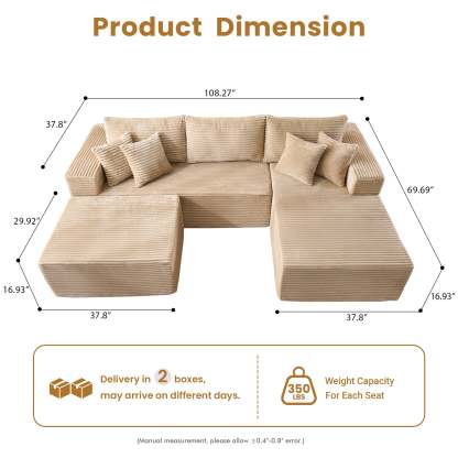 OVthtIOS 108" U-Shape Modular Couch with Ottoman, Plush Corduroy Fabric, No Assembly Required