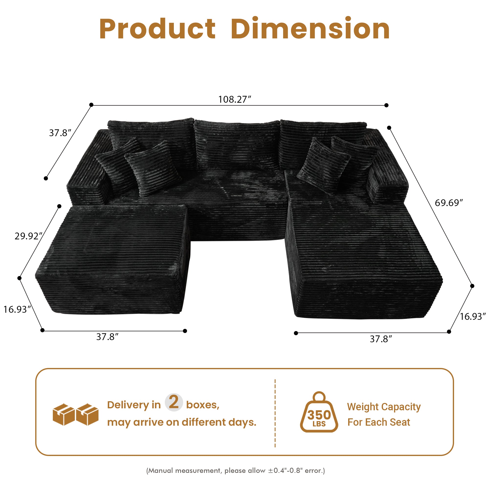 OVthtIOS 108" U-Shape Modular Couch with Ottoman, Plush Corduroy Fabric, No Assembly Required