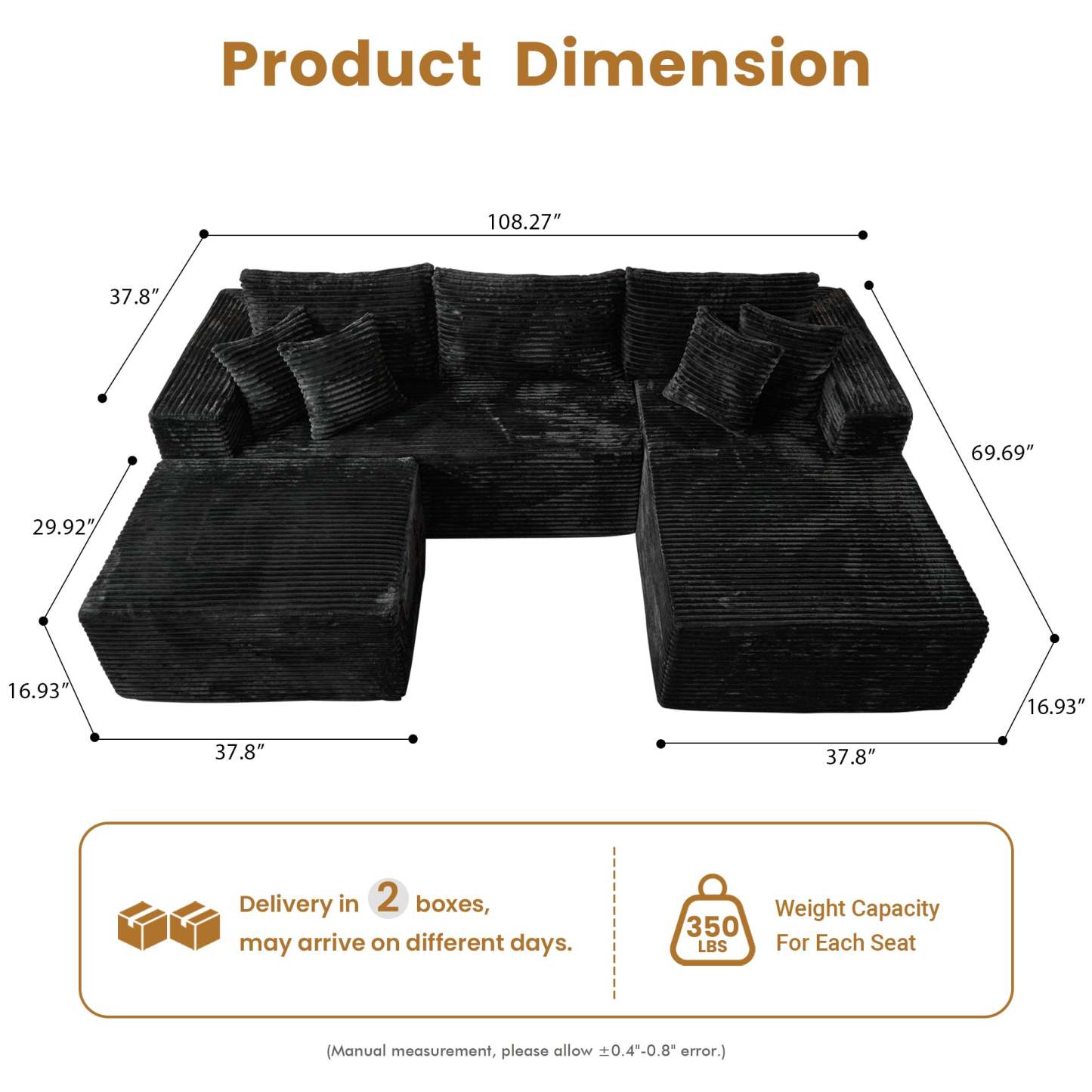 OVthtIOS 108" U-Shape Modular Couch with Ottoman, Plush Corduroy Fabric, No Assembly Required