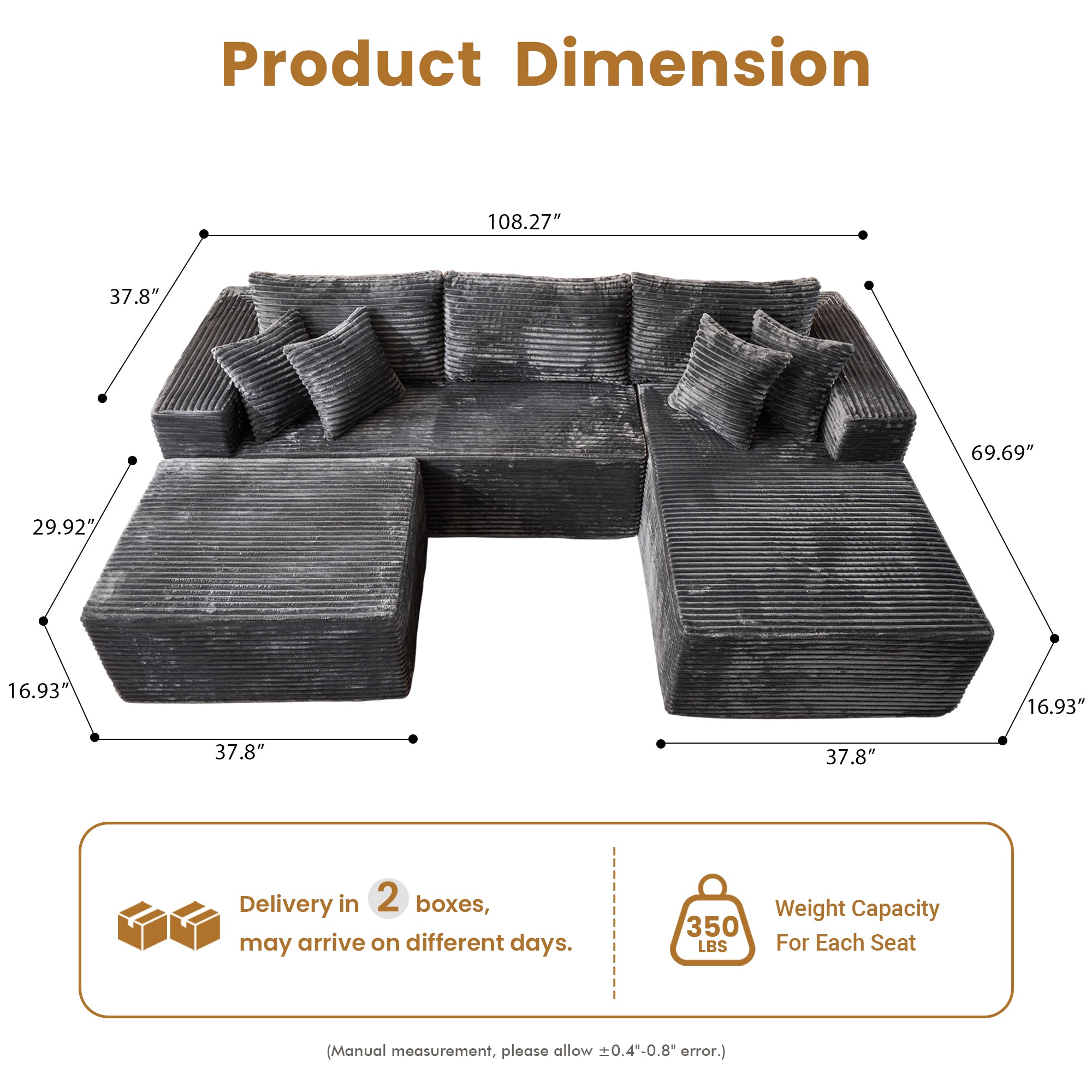 OVthtIOS 108" U-Shape Modular Couch with Ottoman, Plush Corduroy Fabric, No Assembly Required