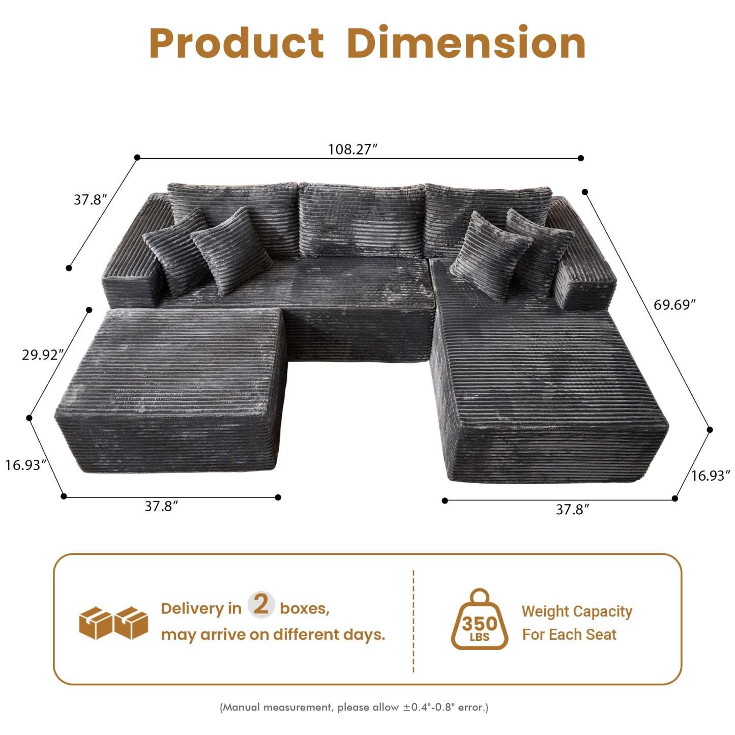OVthtIOS 108" U-Shape Modular Couch with Ottoman, Plush Corduroy Fabric, No Assembly Required