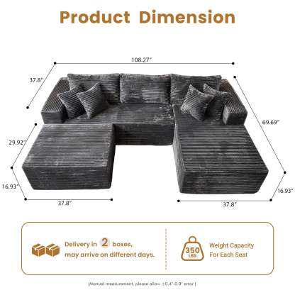 OVthtIOS 108" U-Shape Modular Couch with Ottoman, Plush Corduroy Fabric, No Assembly Required