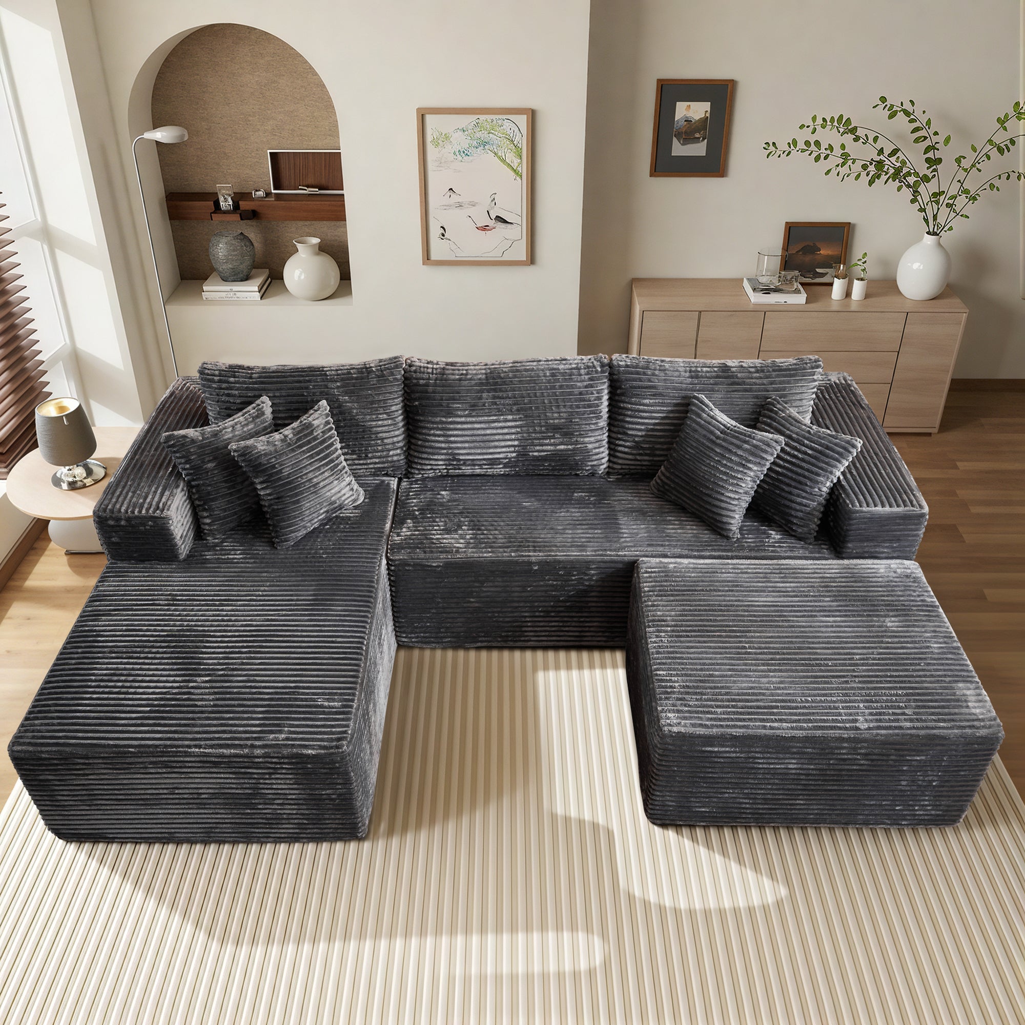 OVthtIOS 108" U-Shape Modular Couch with Ottoman, Plush Corduroy Fabric, No Assembly Required