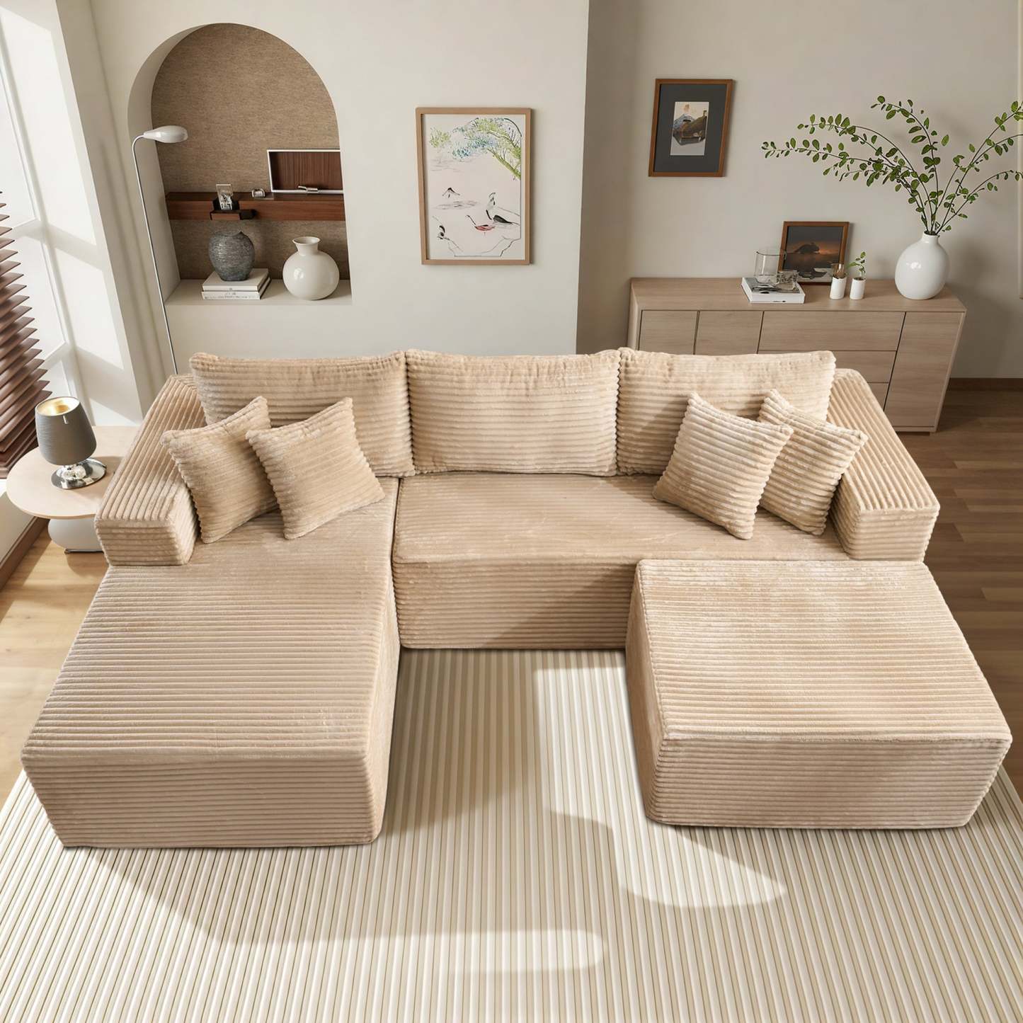 OVthtIOS 108" U-Shape Modular Couch with Ottoman, Plush Corduroy Fabric, No Assembly Required