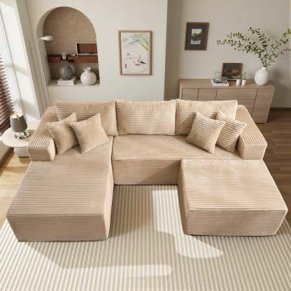 OVthtIOS 108" U-Shape Modular Couch with Ottoman, Plush Corduroy Fabric, No Assembly Required