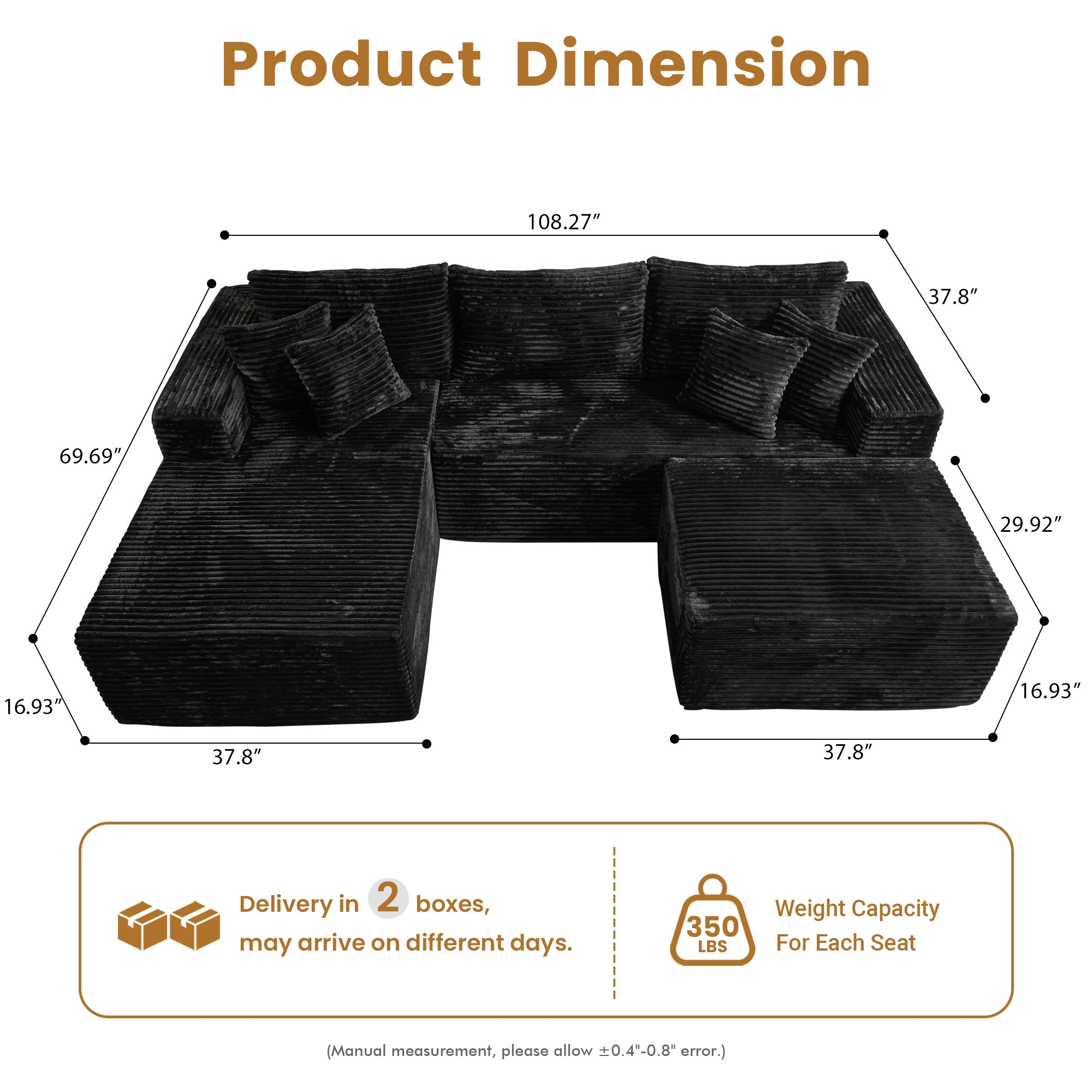 OVthtIOS 108" U-Shape Modular Couch with Ottoman, Plush Corduroy Fabric, No Assembly Required