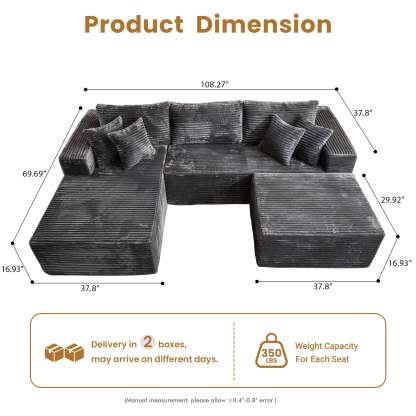 OVthtIOS 108" U-Shape Modular Couch with Ottoman, Plush Corduroy Fabric, No Assembly Required