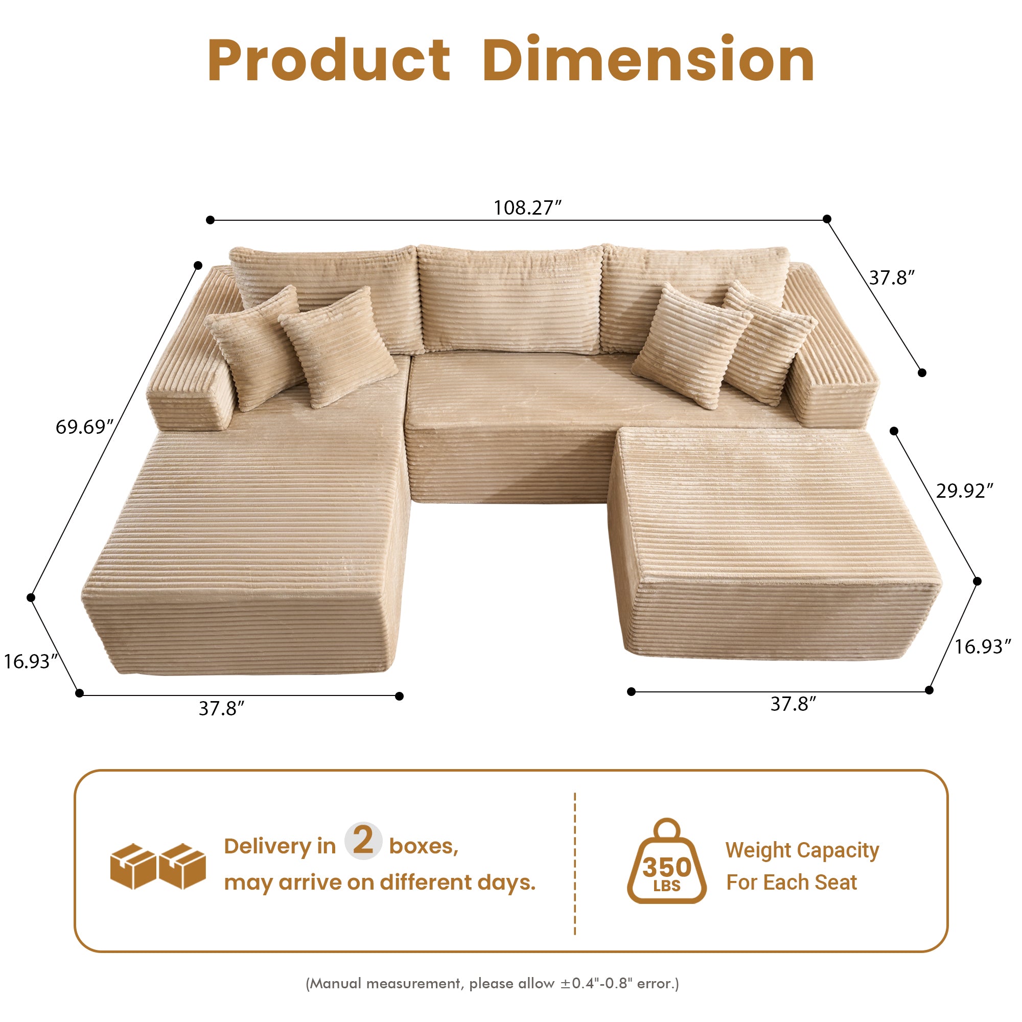 OVthtIOS 108" U-Shape Modular Couch with Ottoman, Plush Corduroy Fabric, No Assembly Required