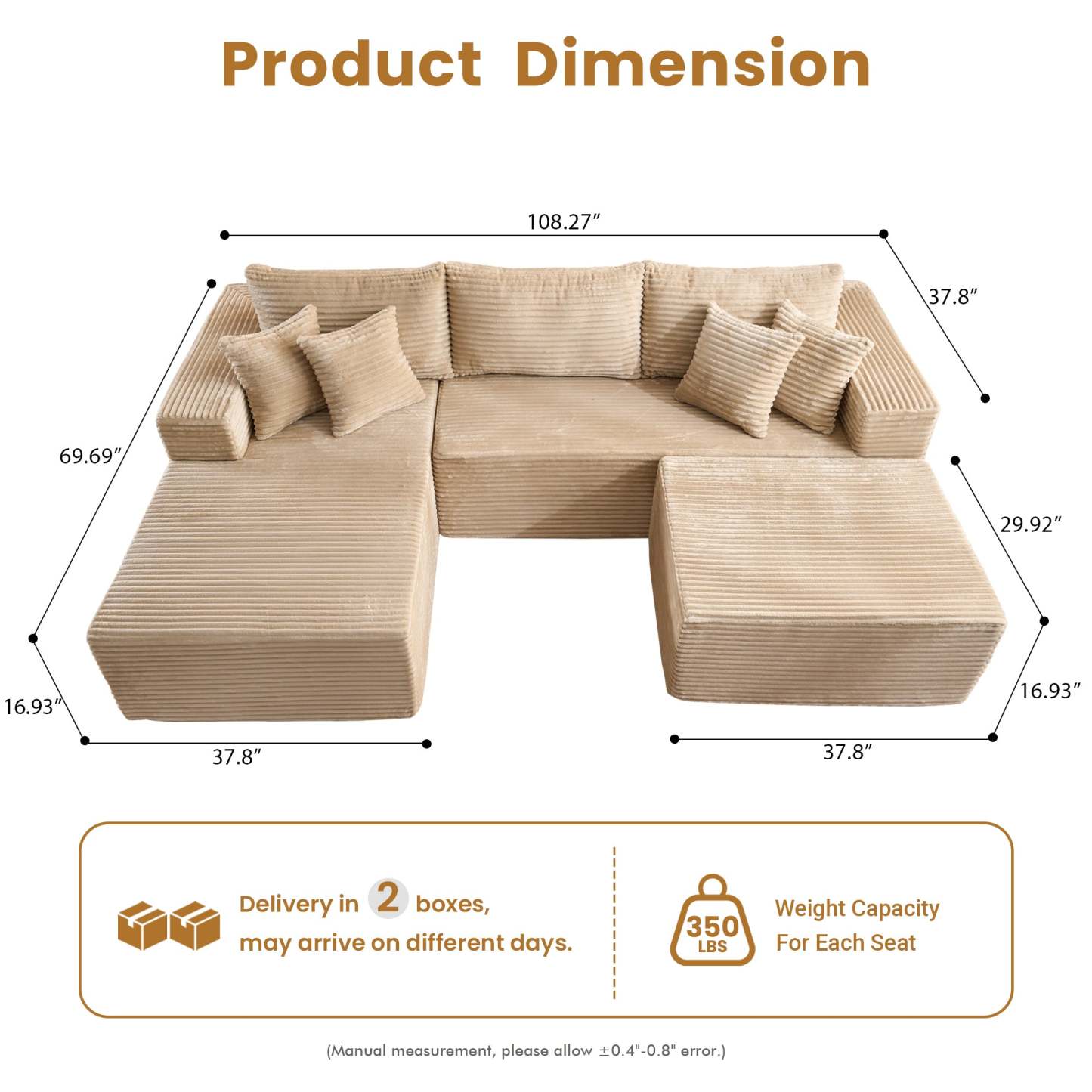 OVthtIOS 108" U-Shape Modular Couch with Ottoman, Plush Corduroy Fabric, No Assembly Required