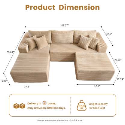 OVthtIOS 108" U-Shape Modular Couch with Ottoman, Plush Corduroy Fabric, No Assembly Required
