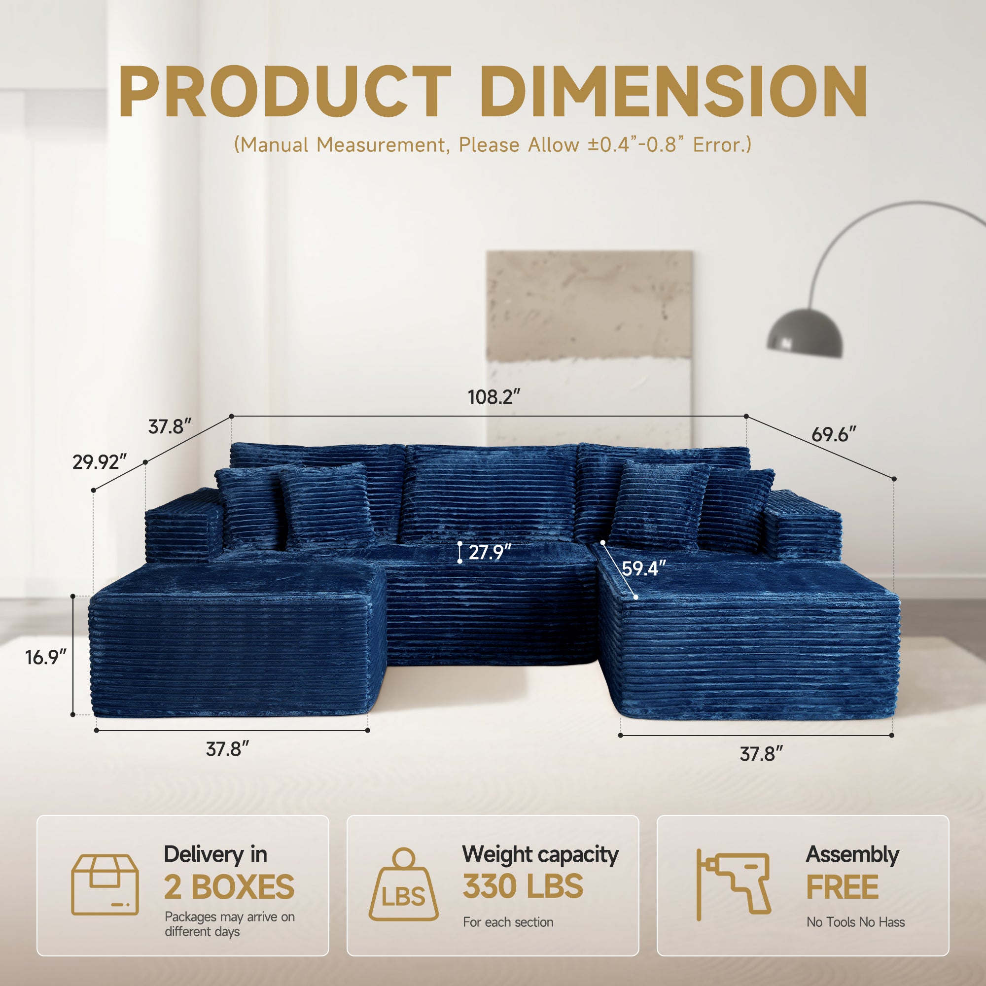 OVthtIOS 108" U-Shape Modular Couch with Ottoman, Plush Corduroy Fabric, No Assembly Required