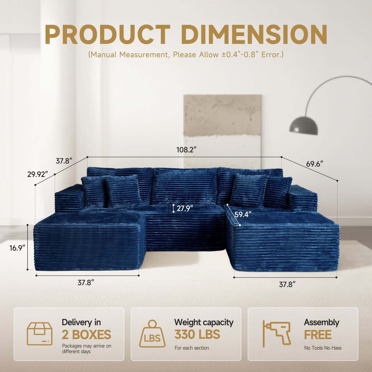 OVthtIOS 108" U-Shape Modular Couch with Ottoman, Plush Corduroy Fabric, No Assembly Required