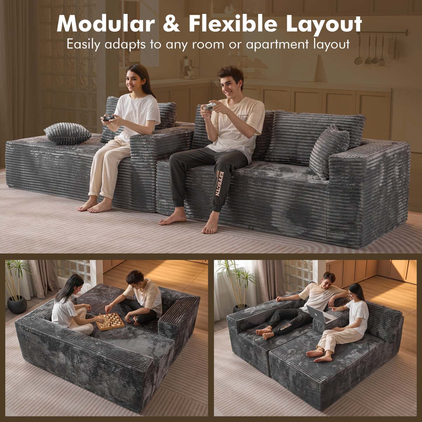 OVthtIOS 104" L-Shape Modular Couch with Chaise, Plush Corduroy Fabric, No Assembly Required