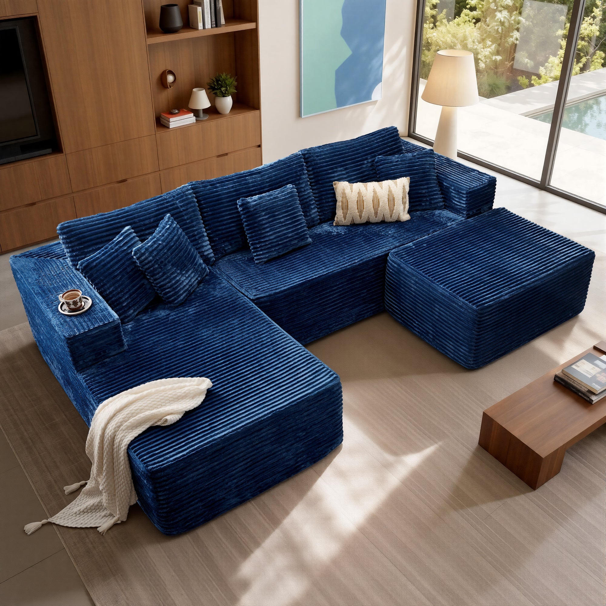 OVthtIOS 108" U-Shape Modular Couch with Ottoman, Plush Corduroy Fabric, No Assembly Required