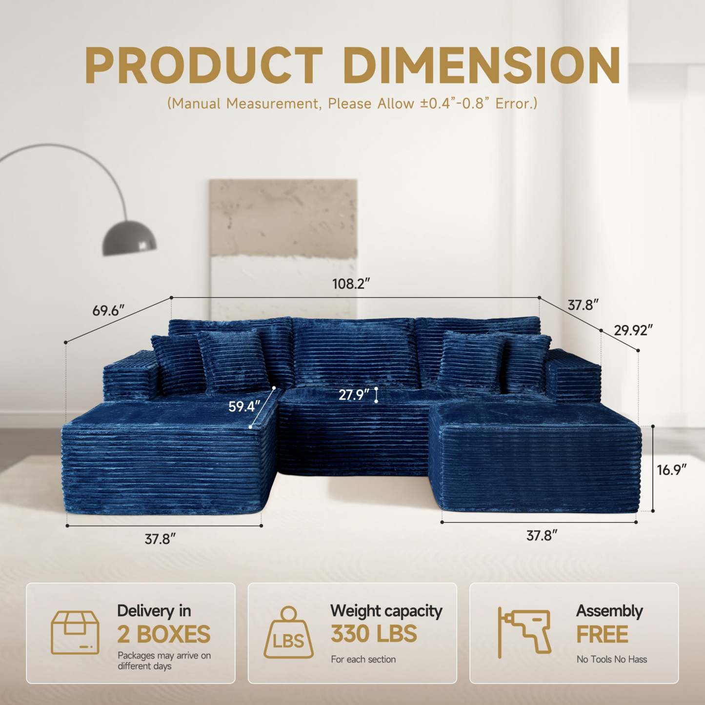 OVthtIOS 108" U-Shape Modular Couch with Ottoman, Plush Corduroy Fabric, No Assembly Required