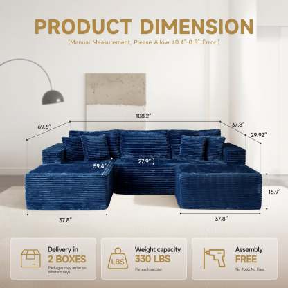 OVthtIOS 108" U-Shape Modular Couch with Ottoman, Plush Corduroy Fabric, No Assembly Required