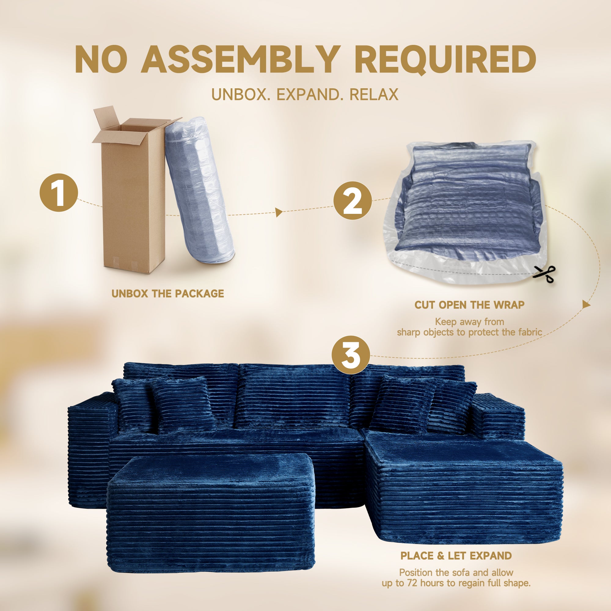 OVthtIOS 108" U-Shape Modular Couch with Ottoman, Plush Corduroy Fabric, No Assembly Required