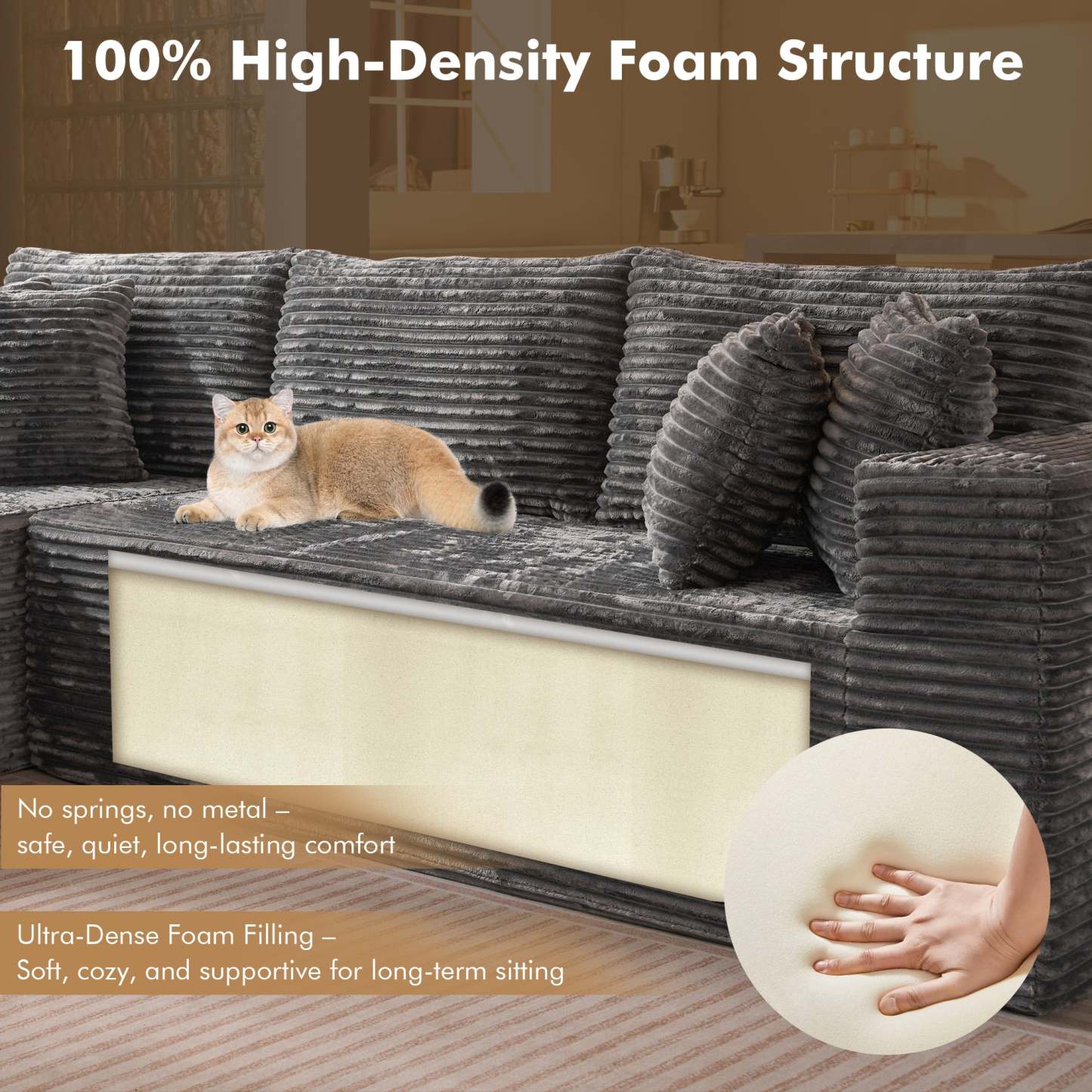 OVthtIOS 104" L-Shape Modular Couch with Chaise, Plush Corduroy Fabric, No Assembly Required