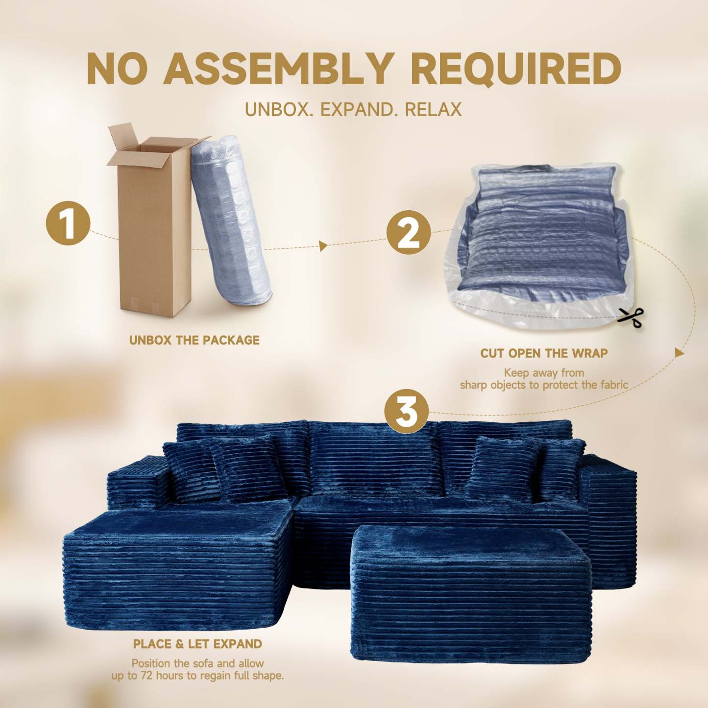 OVthtIOS 108" U-Shape Modular Couch with Ottoman, Plush Corduroy Fabric, No Assembly Required