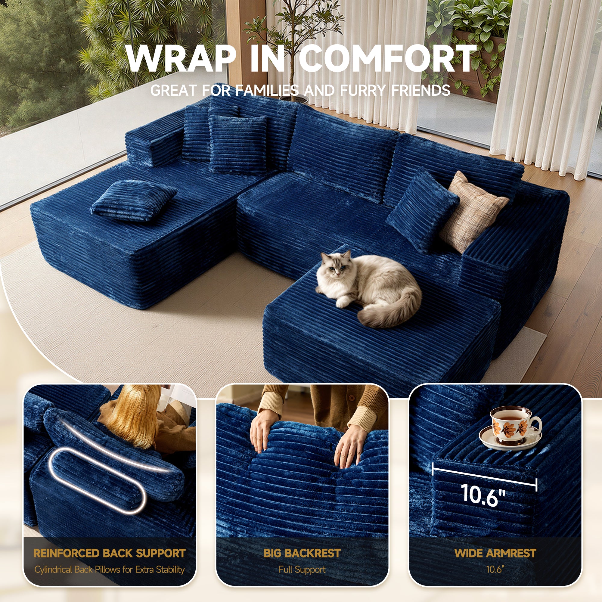 OVthtIOS 108" U-Shape Modular Couch with Ottoman, Plush Corduroy Fabric, No Assembly Required