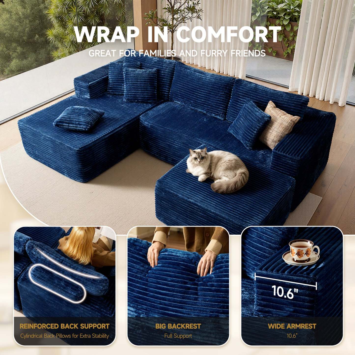 OVthtIOS 108" U-Shape Modular Couch with Ottoman, Plush Corduroy Fabric, No Assembly Required