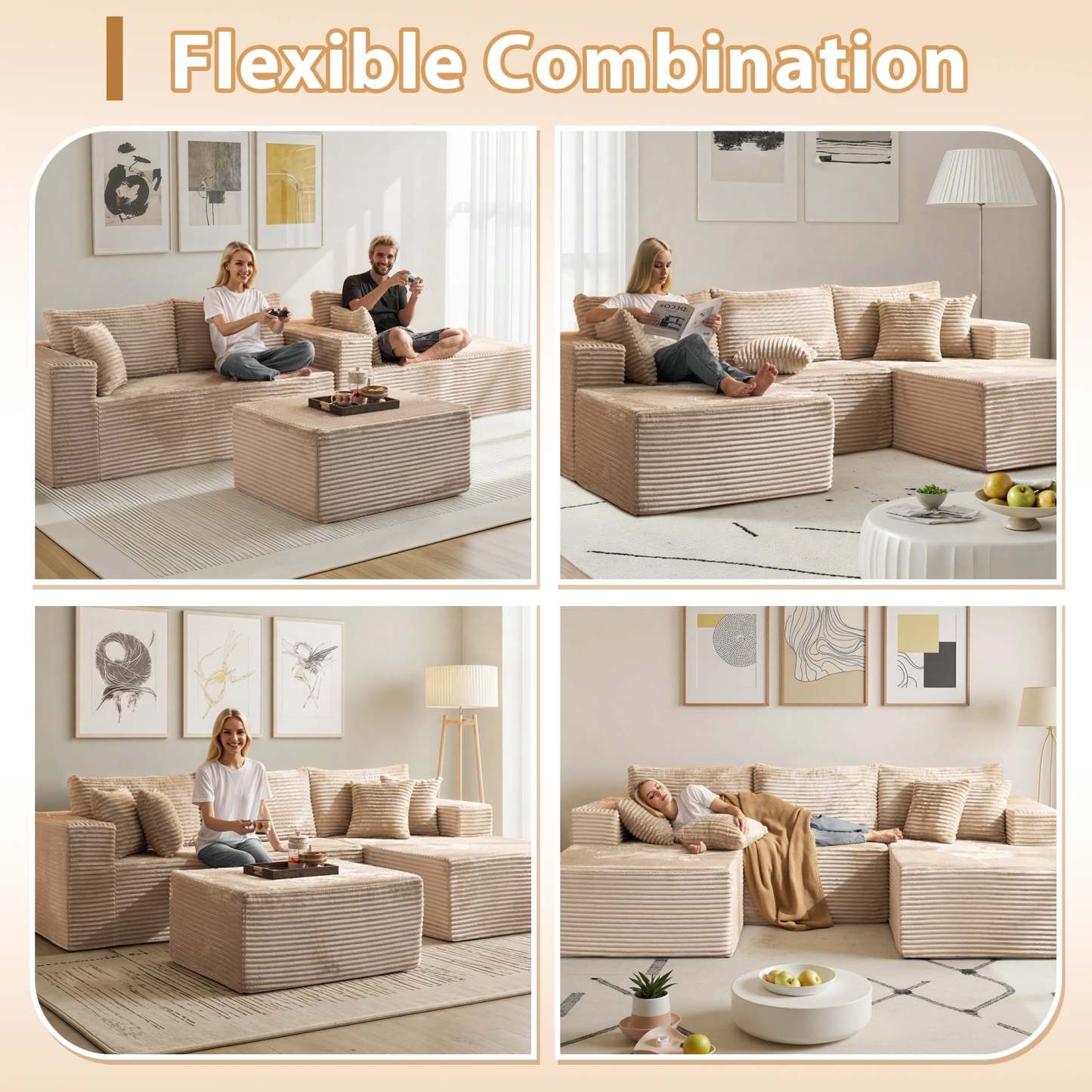 OVthtIOS 108" U-Shape Modular Couch with Ottoman, Plush Corduroy Fabric, No Assembly Required