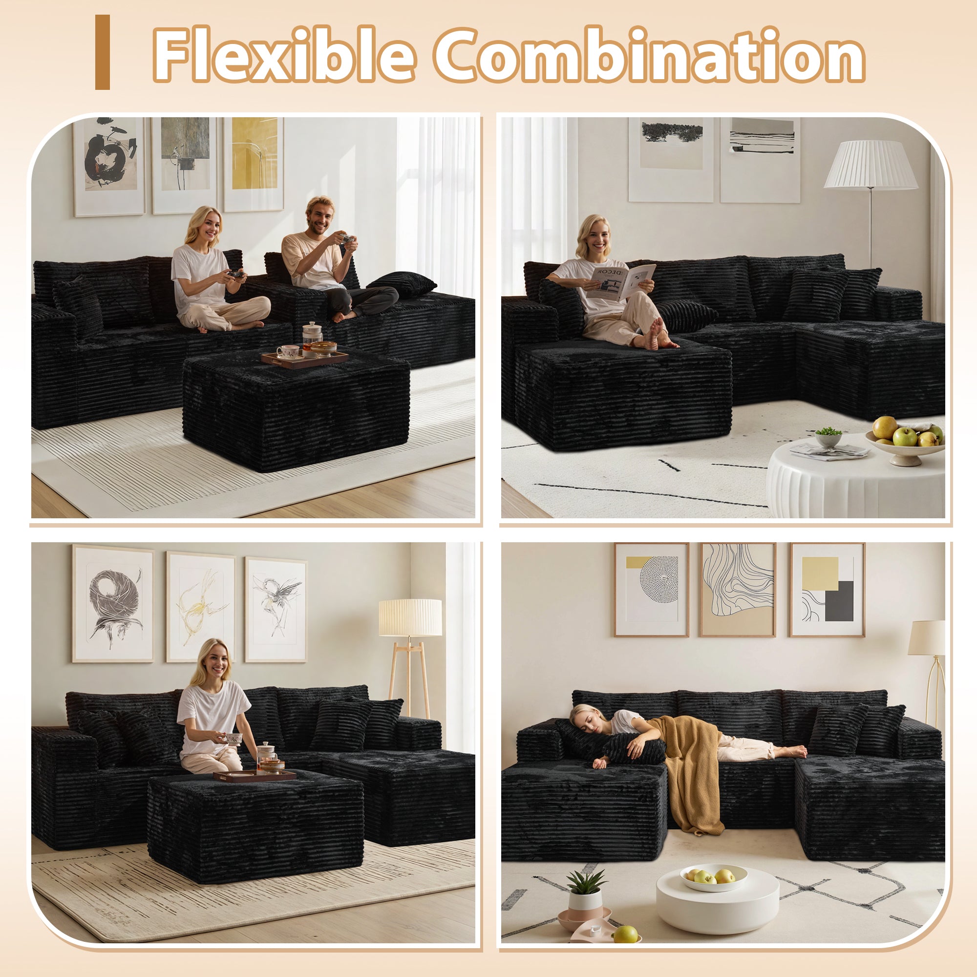 OVthtIOS 108" U-Shape Modular Couch with Ottoman, Plush Corduroy Fabric, No Assembly Required